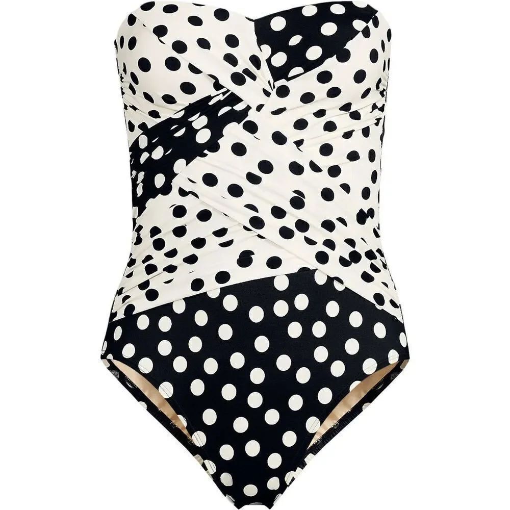 Land's End one piece swimsuit Bandeau slender suit black egret tossed dots Var